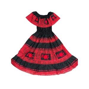 Vintage Mexican Salsa Red/Black Lace Embroidered Off Shoulder Midi Dress sz L/Xl
